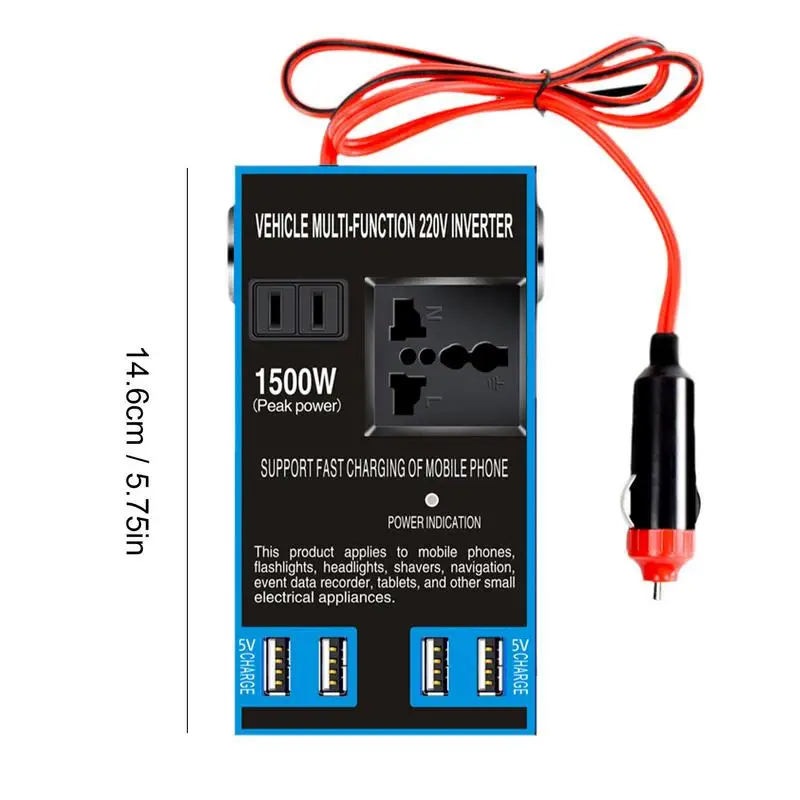 Onduleur de voiture universel 12V/24V à 220V – 1500W avec 4 ports USB et prise secteur