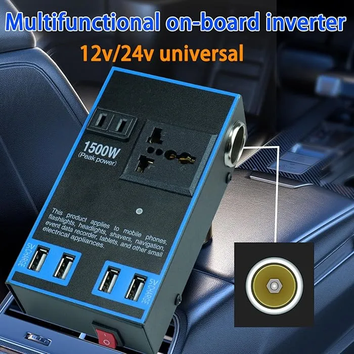 Onduleur de voiture universel 12V/24V à 220V – 1500W avec 4 ports USB et prise secteur